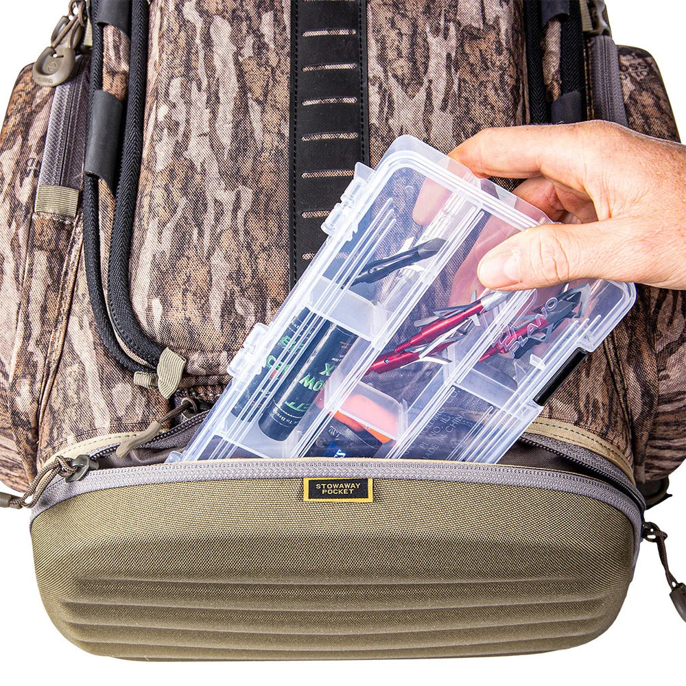 Tenzing Hangtime Day Pack stowaway pocket detail with broadhead organizer box