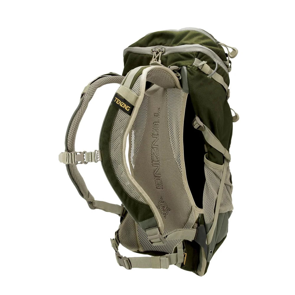 Tenzing Rambler Day Pack olive green, rear side angle showing harness and suspension