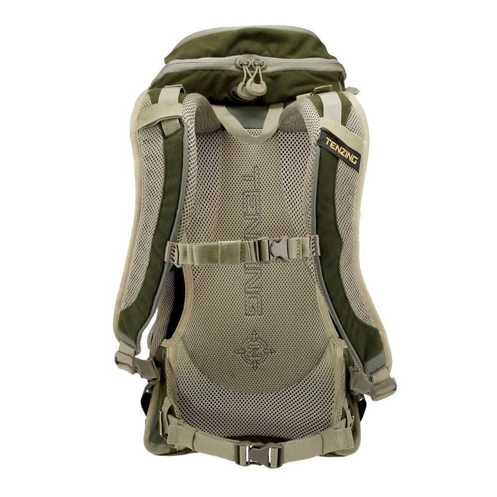 Tenzing Rambler Day Pack olive green, straight-on rear view of shoulder straps and mesh back panel