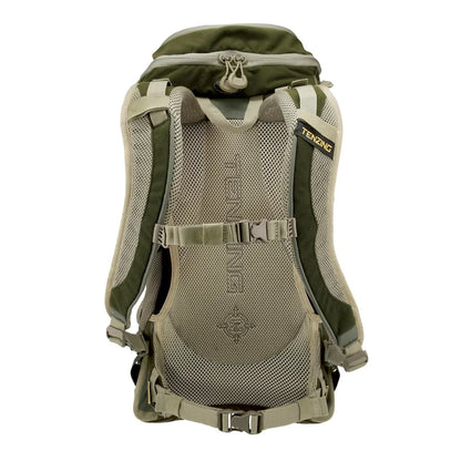 Tenzing Rambler Day Pack olive green, straight-on rear view of shoulder straps and mesh back panel