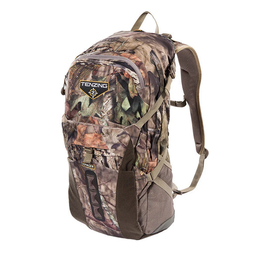 Tenzing Voyager Pack in Mossy Oak Break-Up Country, front three-quarter studio view showing logo patch and straps