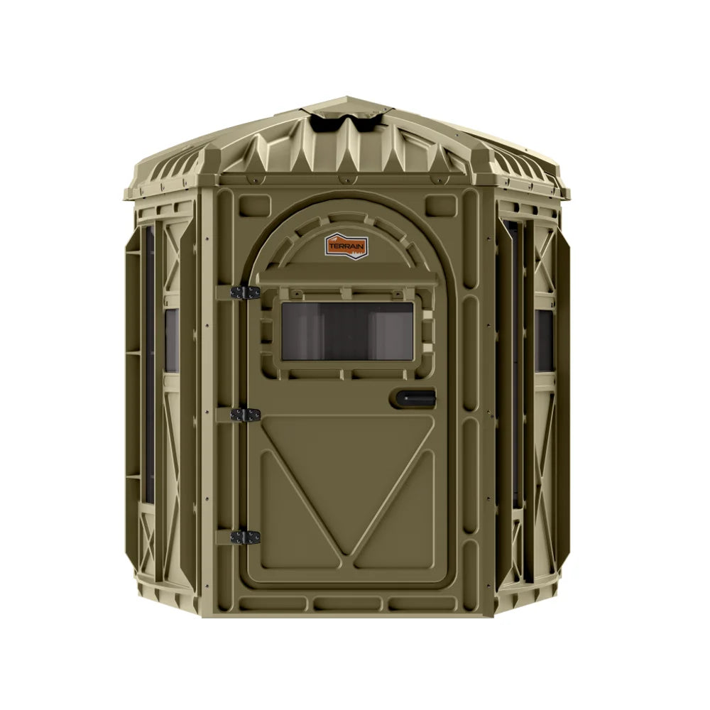 Terrain Archer Bow Blind front elevation with arc door closed and Terrain logo badge
