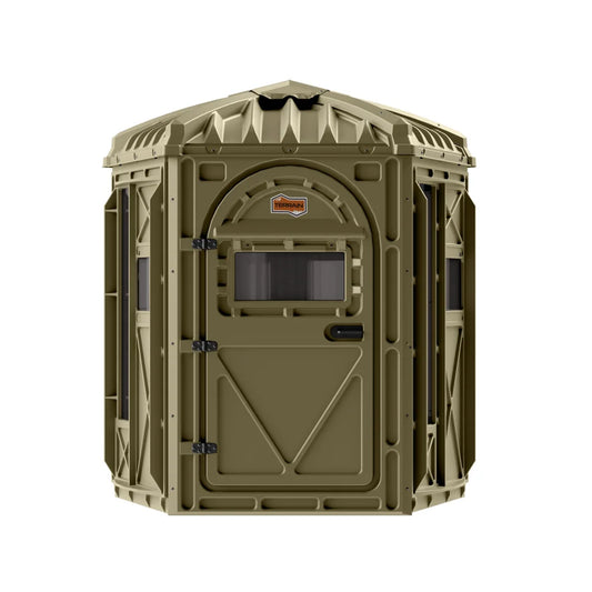 Terrain Archer Bow Blind front elevation with arc door closed and Terrain logo badge