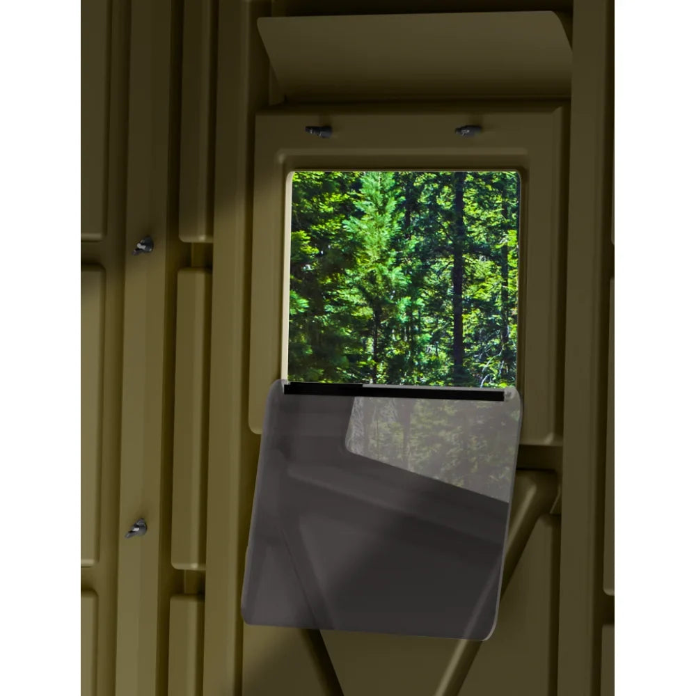 Terrain Archer Bow Blind tinted flip-down window with forest view through opening