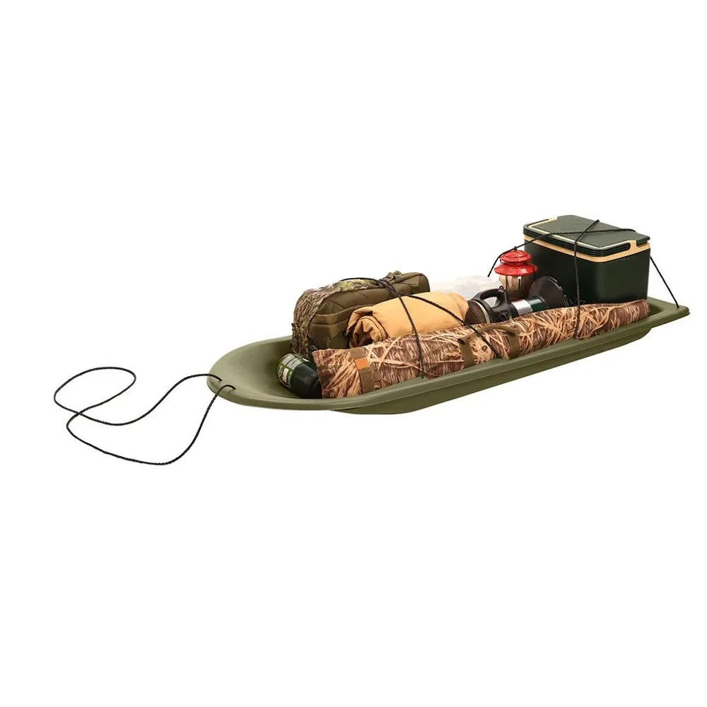 Terrain Deer Drag Sled loaded with camp gear including cooler, lantern and camo blind bag