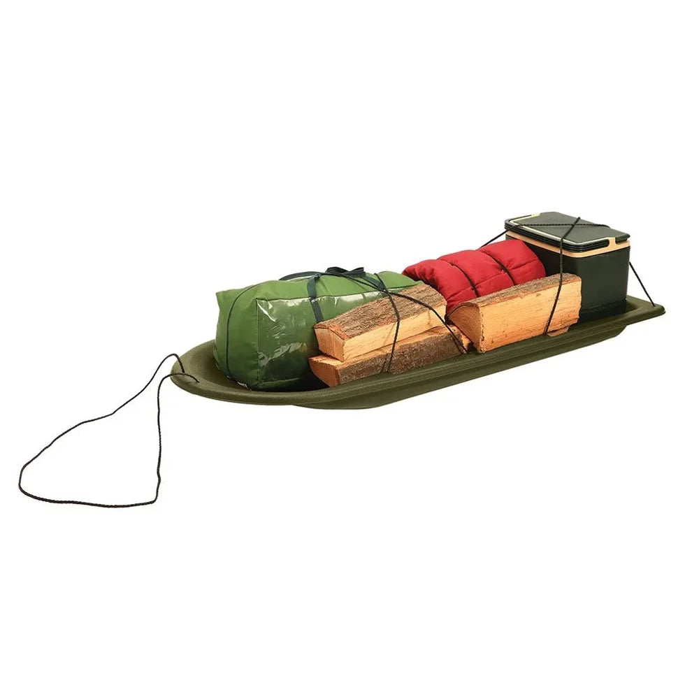 Terrain Deer Drag Sled loaded with firewood, sleeping bag and cooler for camp hauling