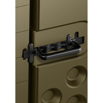 Close-up of black carry handle and latch on Terrain Range Pentagon Blind Arc Door