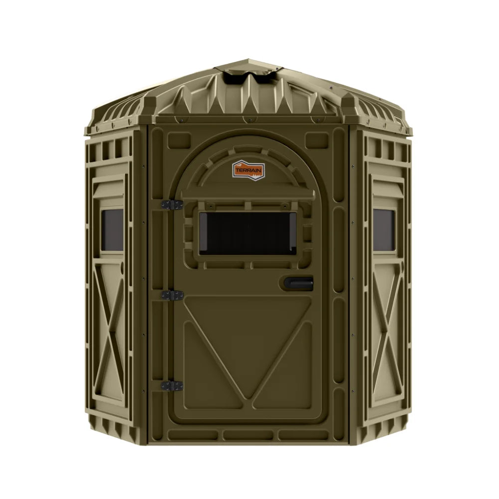 Terrain Range Pentagon Blind with Arc Door, front view showing closed door and window