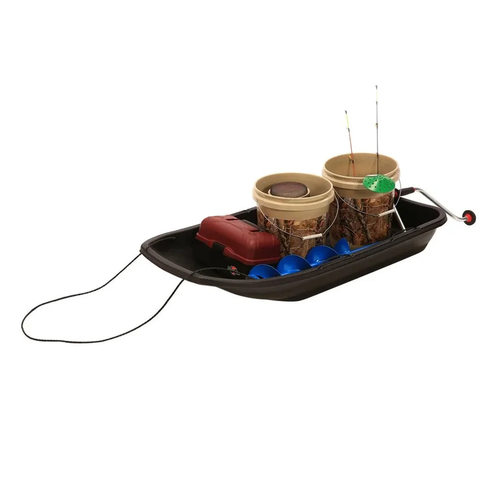 Terrain Tuff Tote black sled loaded with ice fishing buckets, auger and rods