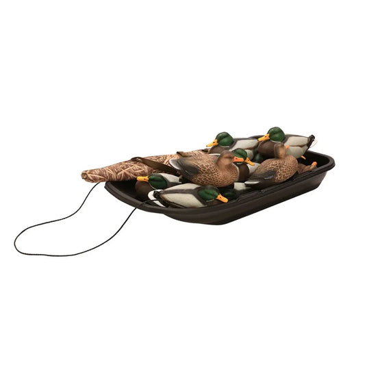 Terrain Tuff Tote black sled loaded with mallard duck decoys and decoy bag