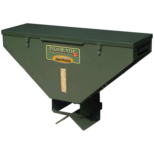Angled top view of the Texas Hunter 100 lb road deer feeder with a wireless remote control
