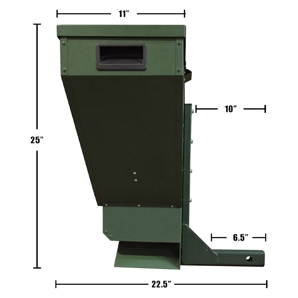 Dimension chart for the Texas Hunter 100 lb road deer feeder, showing height and width measurements
