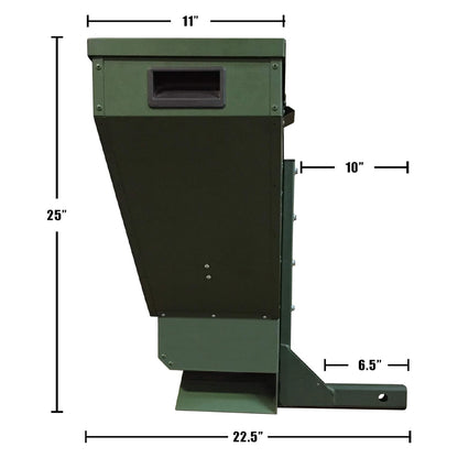 Dimension chart for the Texas Hunter 100 lb road deer feeder, showing height and width measurements

