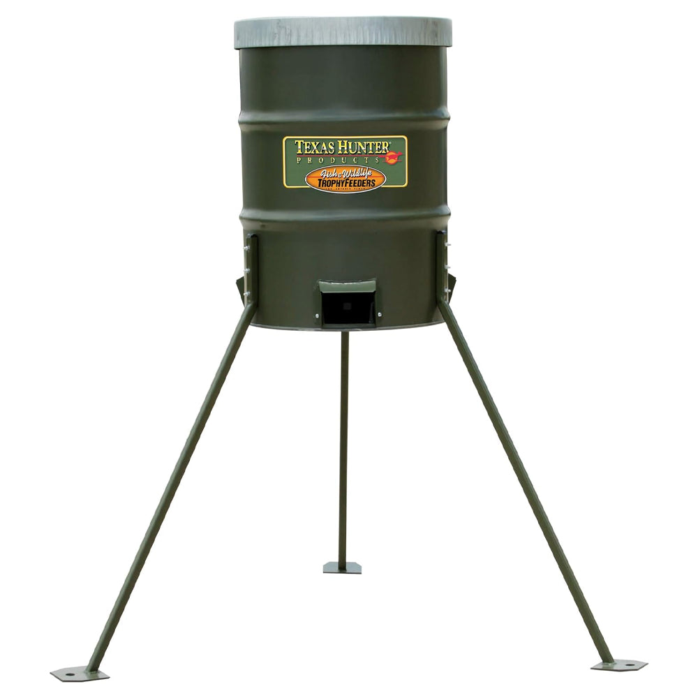Texas Hunter 300-pound capacity protein barrel deer feeder with tripod legs
