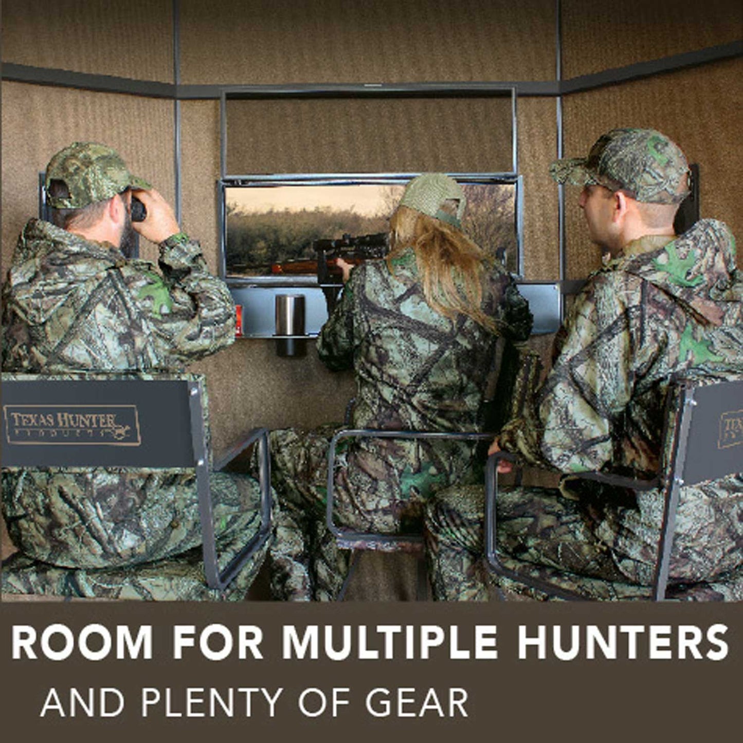 G7GR: Texas Hunter Wrangler Rifle Octagon Shaped Camo Aluminum 5' x 7' Deer Blind with 7 in. Legs and Full Door, Stairs and Handrails