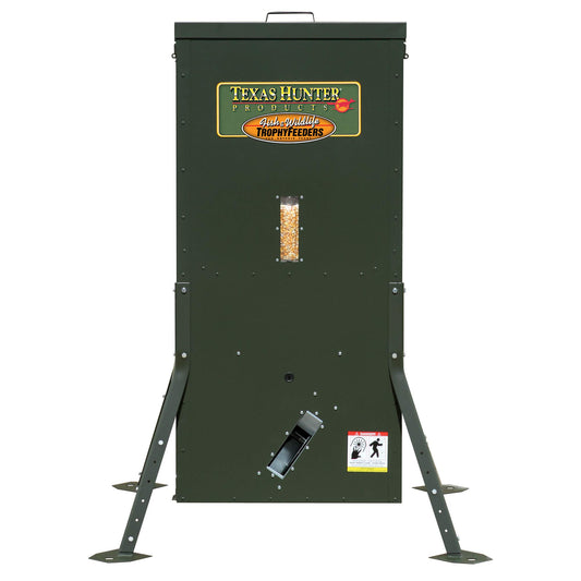 High-quality, durable Texas Hunter SF300 automatic fish feeder with adjustable legs, front view
