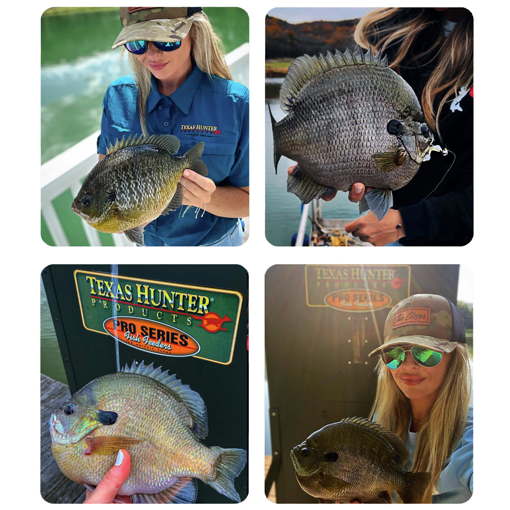 “Collage of a woman holding large bluegill fish, featuring a Texas Hunter Pro Series fish feeder in the background.”

