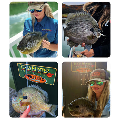 “Collage of a woman holding large bluegill fish, featuring a Texas Hunter Pro Series fish feeder in the background.”

