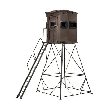 Titan Hunting Blinds 12 ft. Tower with Porch and Ladder shown with brown blind, front three-quarter studio view