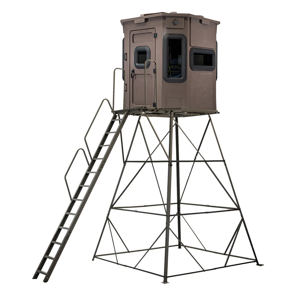 Titan Hunting Blinds 12 ft. Tower with Porch and Ladder shown with dark brown blind, front three-quarter studio view