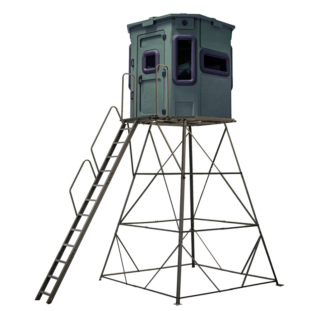 Titan Hunting Blinds 12 ft. Tower with Porch and Ladder, green blind front three-quarter view on studio white