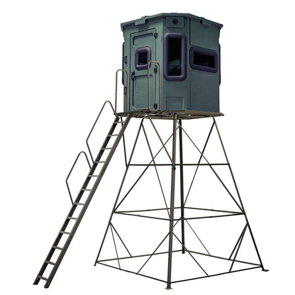 Titan Hunting Blinds 12 ft. Tower with Porch and Ladder, green blind front three-quarter view on studio white