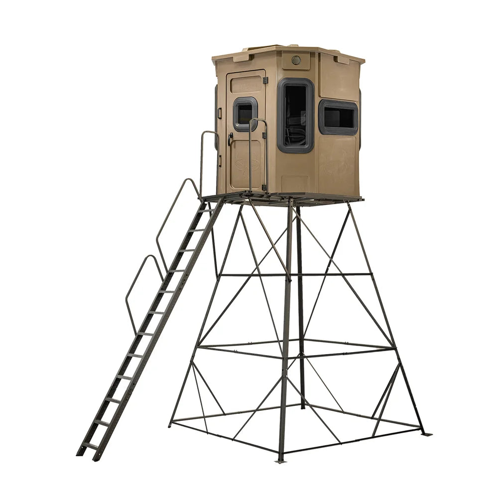 Titan Hunting Blinds 12 ft. Tower with Porch and Ladder shown with tan blind, front three-quarter studio view