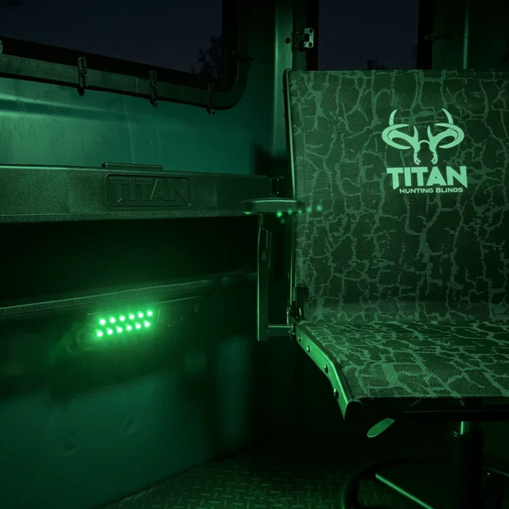 Titan 12V Light Kit LEDs illuminating Titan blind interior and camo chair at night