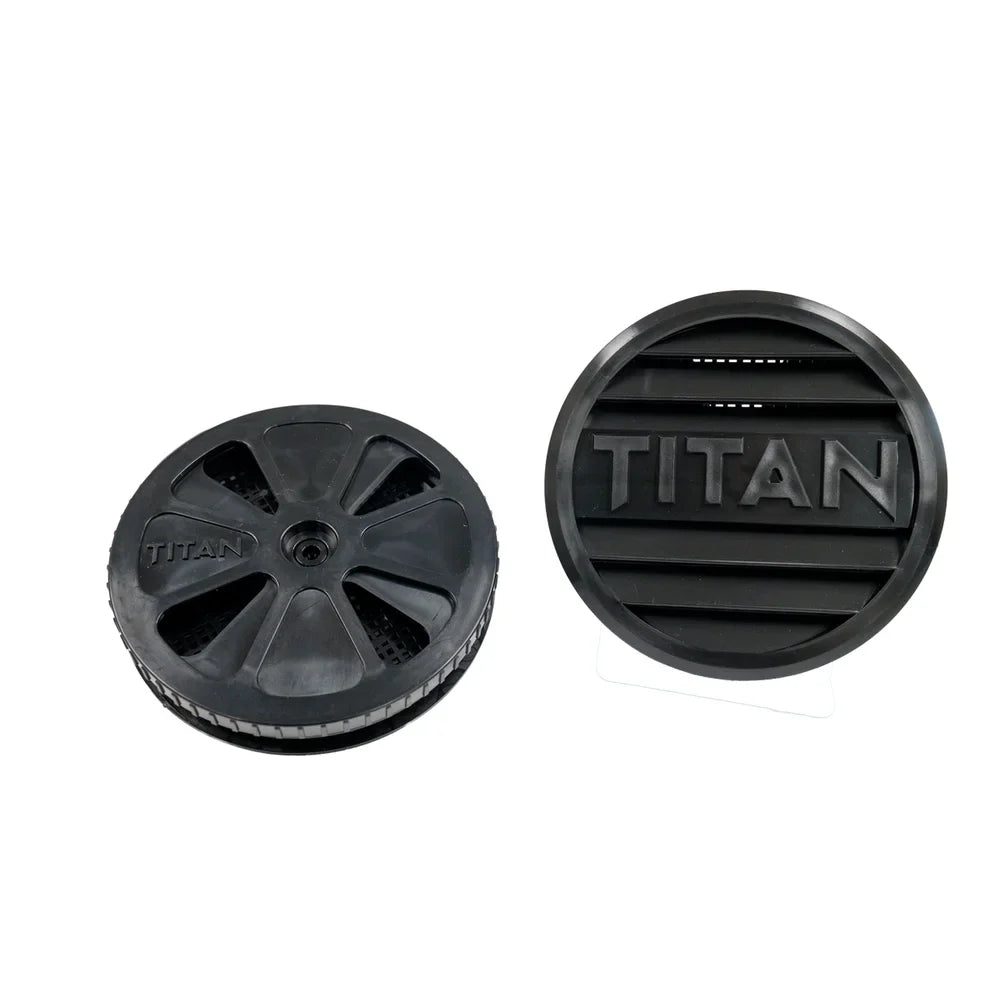 Titan Hunting Blinds 3-piece round vent showing interior bug screen and exterior cover, alternate angle