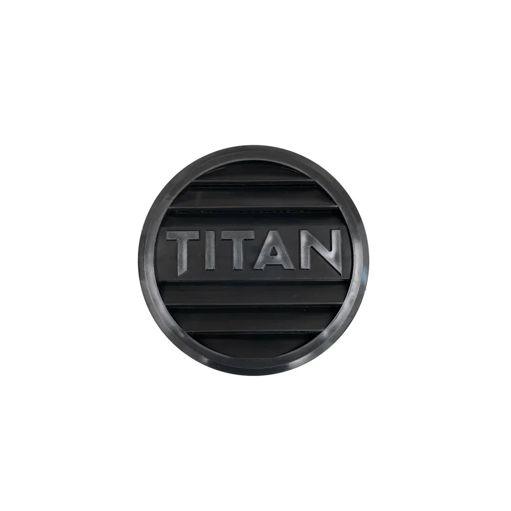 Titan Hunting Blinds 3-piece round vent exterior louvered cover with embossed Titan logo, front view
