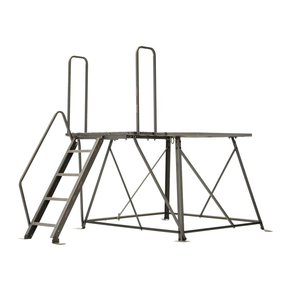 Titan Hunting Blinds 4 ft. tower with porch and ladder, bare steel frame side view on white