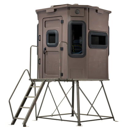 Titan Hunting Blinds 4 ft. tower with porch and ladder shown with brown Titan blind installed