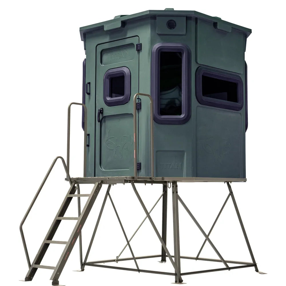 Titan Hunting Blinds 4 ft. tower with porch and ladder shown with dark green Titan blind, alternate angle