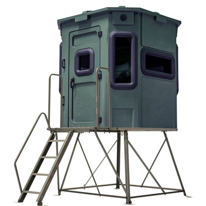 Titan Hunting Blinds 4 ft. tower with porch and ladder shown with dark green Titan blind, alternate angle