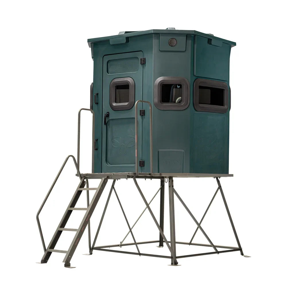 Titan Hunting Blinds 4 ft. tower with porch and ladder shown with green Titan blind installed