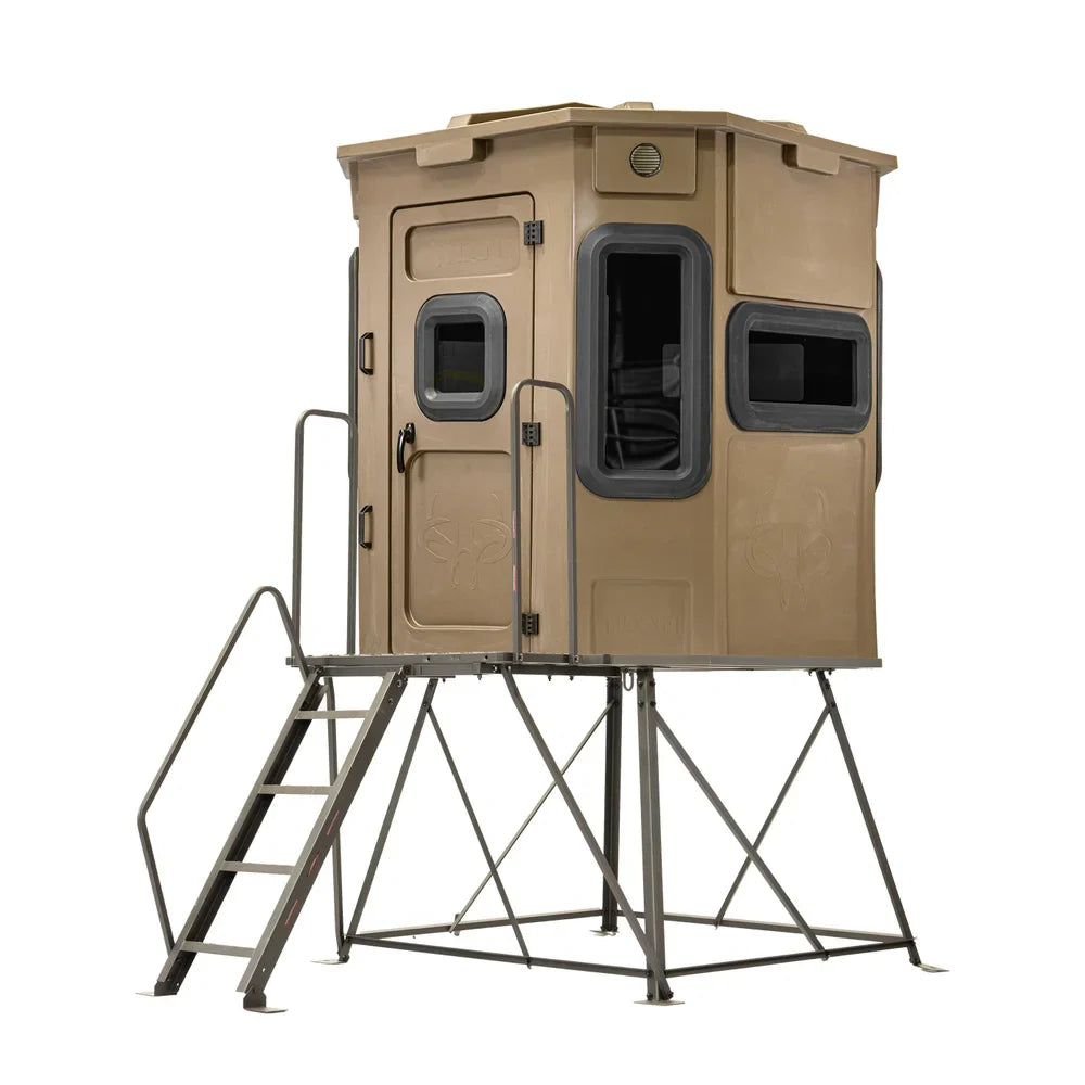 Titan Hunting Blinds 4 ft. tower with porch and ladder shown with tan Titan blind installed