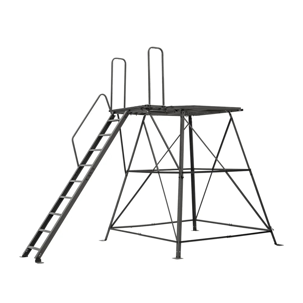 Titan Hunting Blinds 8 ft. tower with porch and ladder, bare steel frame studio shot on white