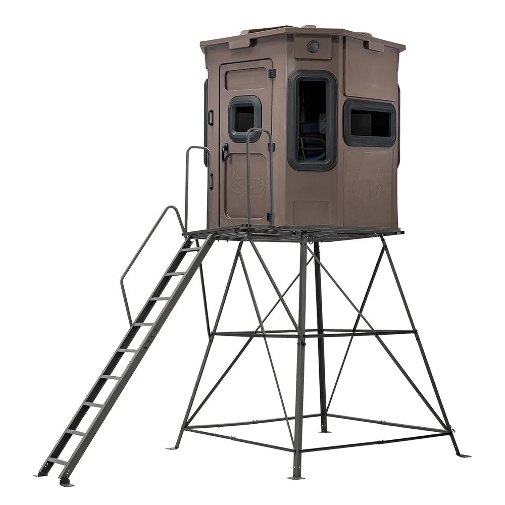 Titan Hunting Blinds 8 ft. tower with porch and ladder shown with brown hunting blind installed