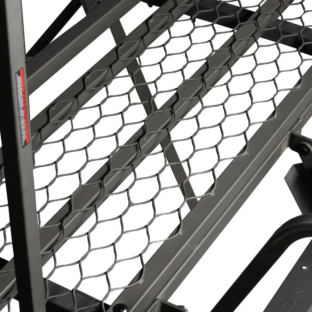Close-up of expanded metal platform decking on Titan 8 ft. tower with porch and ladder