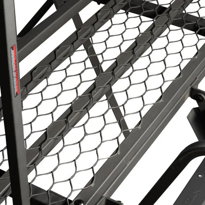 Close-up of expanded metal platform decking on Titan 8 ft. tower with porch and ladder
