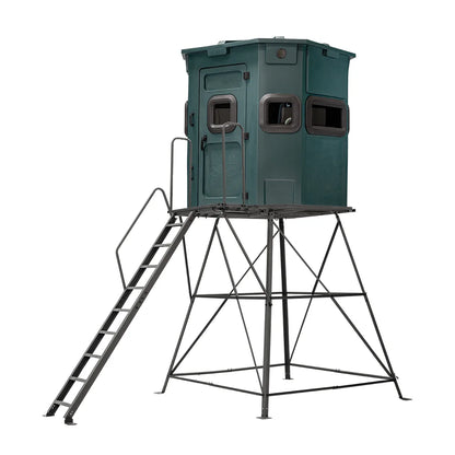 Titan Hunting Blinds 8 ft. tower with porch and ladder with green blind, alternate front angle view