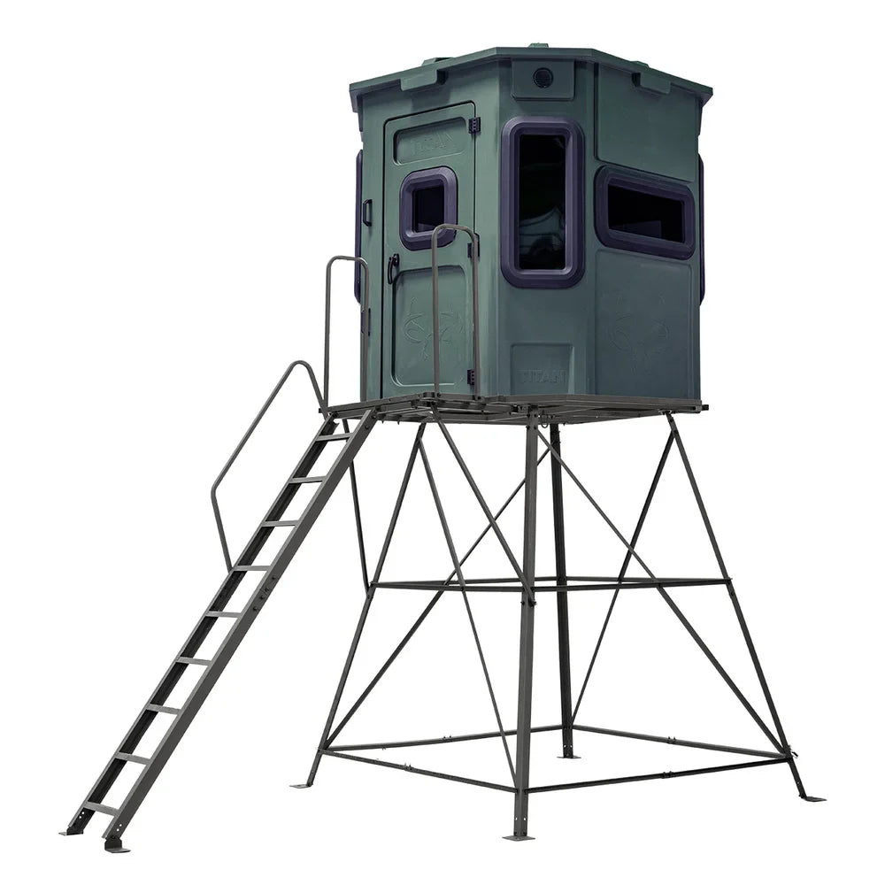 Titan Hunting Blinds 8 ft. tower with porch and ladder shown with green hunting blind installed