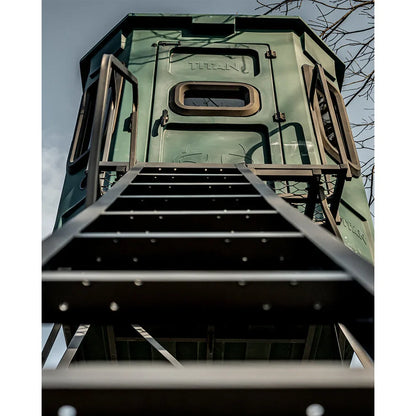 Low-angle view looking up the ladder to Titan blind door and porch on the 8 ft. tower