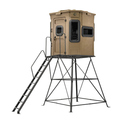 Titan Hunting Blinds 8 ft. tower with porch and ladder shown with tan blind, front angle view