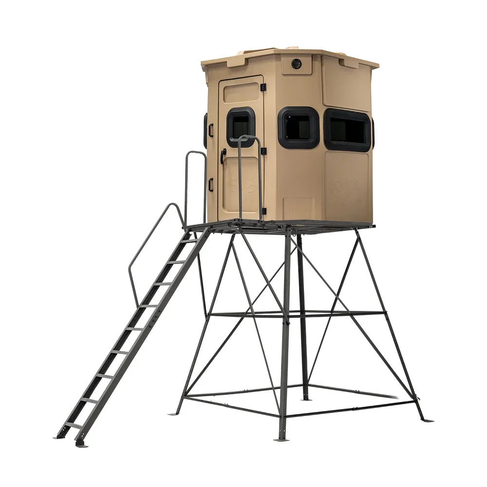 Titan Hunting Blinds 8 ft. tower with porch and ladder with tan blind, side view on white