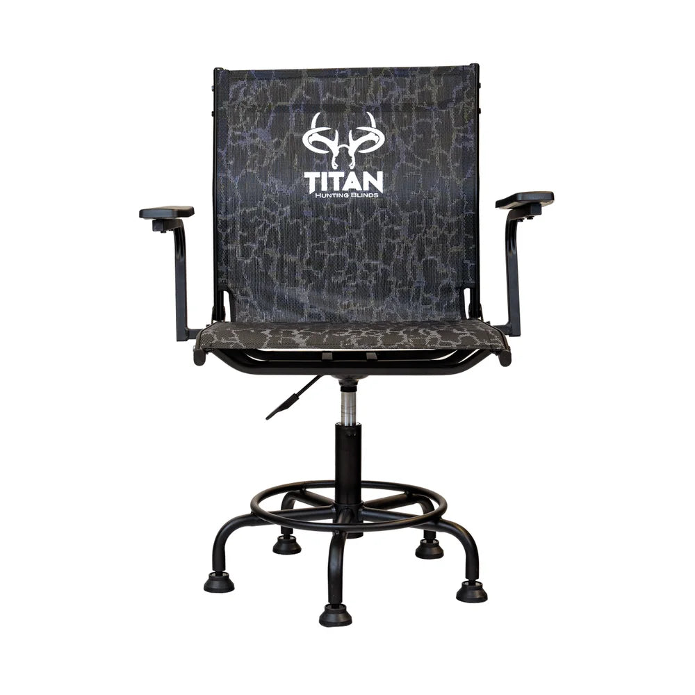 Titan Hunting Blinds Big Boy Chair, straight-on front view showing logo and swivel base