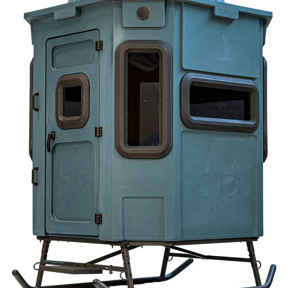 Titan Hunting Blinds Blind Base Skid shown with teal Titan blind mounted, front view on white