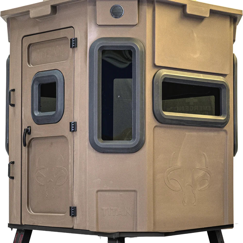 Titan Hunting Blinds base shown installed under Titan tan hunting blind, front view
