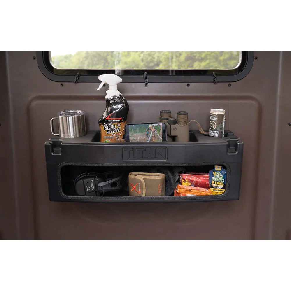 Titan Hunting Blinds Gear Box installed under blind window loaded with hunting accessories