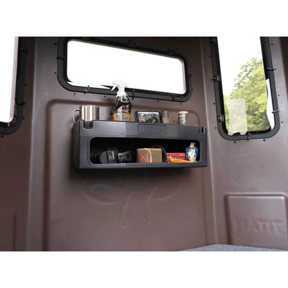 Titan Hunting Blinds Gear Box mounted inside blind interior with gear, wide view
